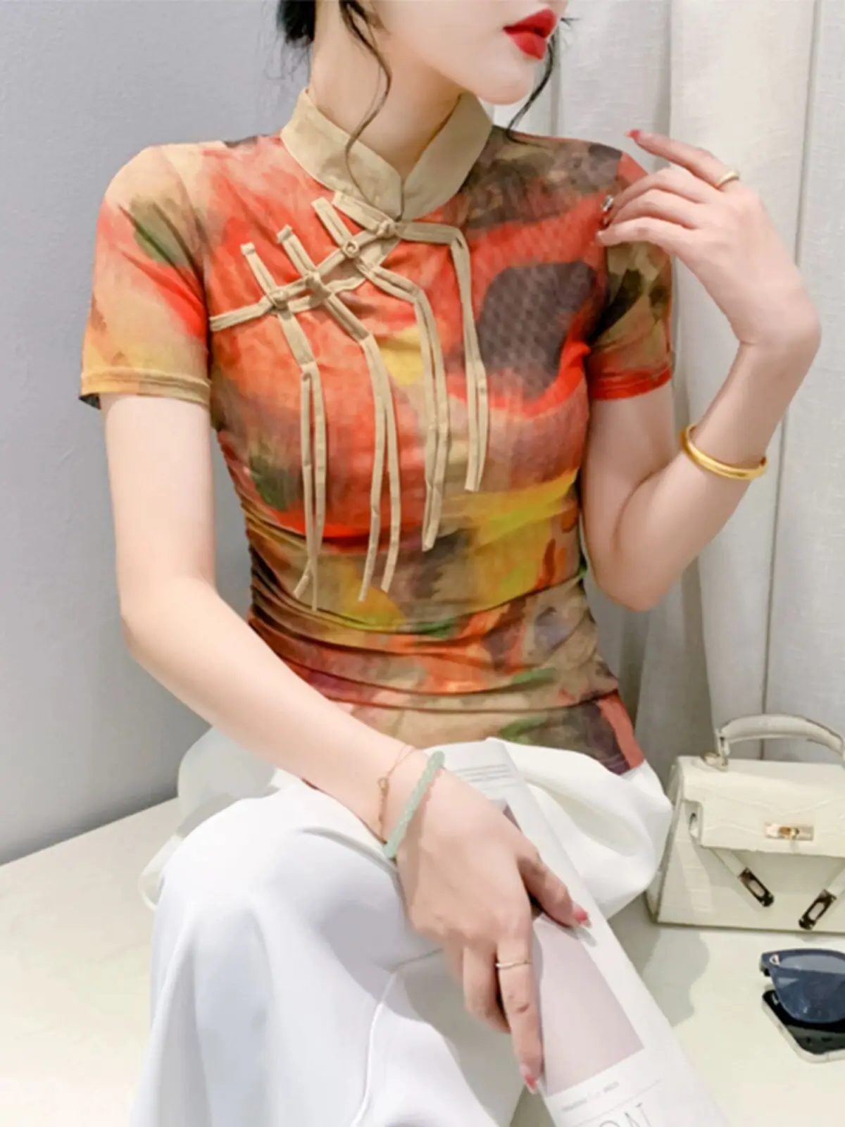 Новинка 2024 женская футболка в китайском стиле на весну и лето с