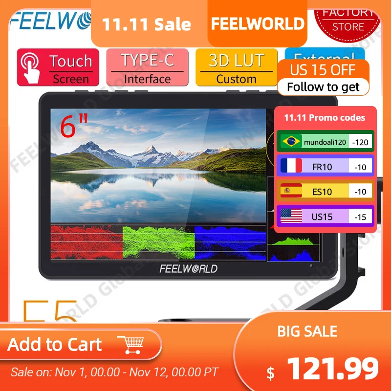

Монитор для камеры FEELWORLD F5 Pro V4 с 6-дюймовым сенсорным экраном, IPS 1920x1080 3D LUT 4K HDMI F970, внешний комплект 5 в Type-c