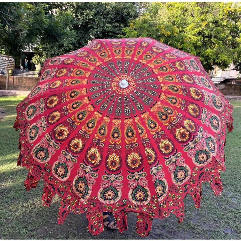 

Красный и мульти-индийский садовый зонт ручной работы зонт для внутреннего дворика, хлопковый пляжный зонт, Солнцезащитный зонт