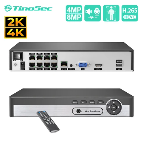 Сетевой видеорегистратор TinoSec, 8 каналов 4K PoE NVR H.265 8 МП 5 Мп 4 МП для системы видеонаблюдения, устройство слежения за лицом