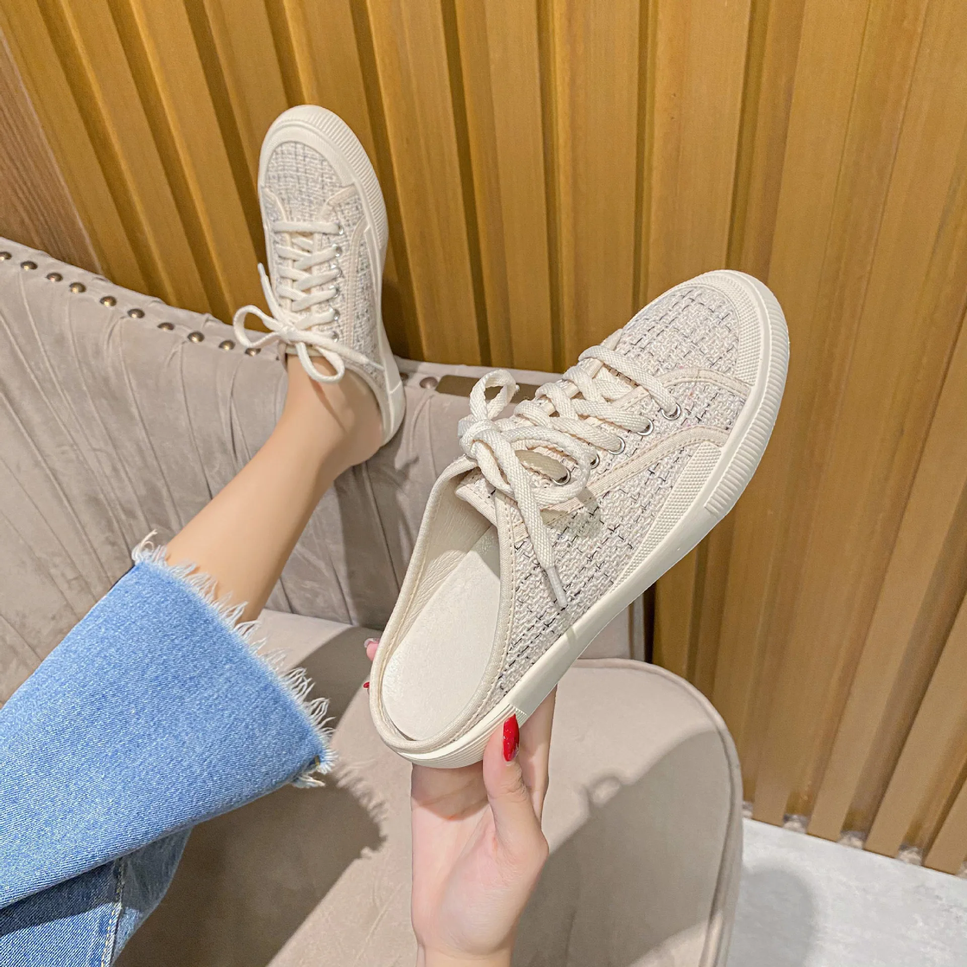 2022  Autumn New Women Shoes Wool Lace-up Sneakers Canvas Shoes Flat Casual Semi-slippers Lazy Shoes Mules Slingback Sneakers