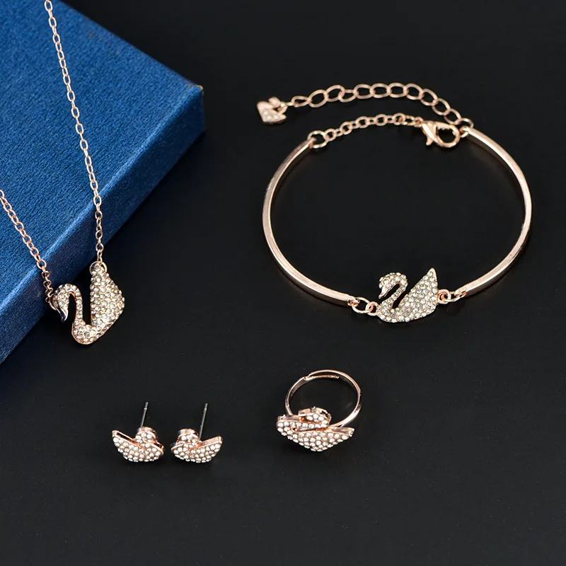 

WANGAIYAO new swan pendant bracelet earrings ring 4-piece set women's diamond fashion rose gold wedding anniversary gift lover j