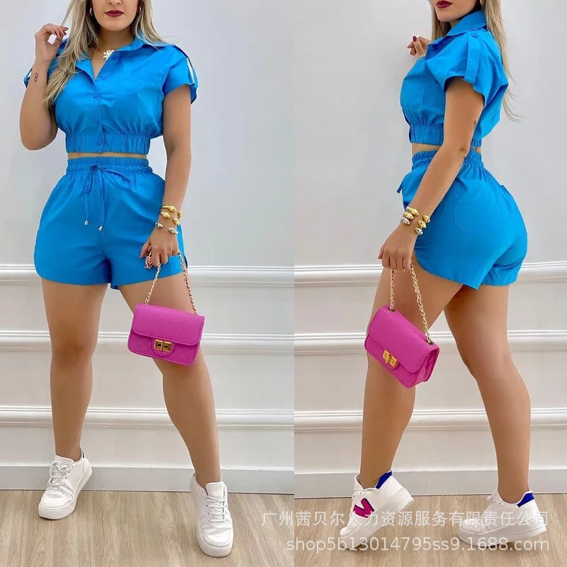 

Женский Повседневный костюм из топа с коротким рукавом и шорт на шнуровке