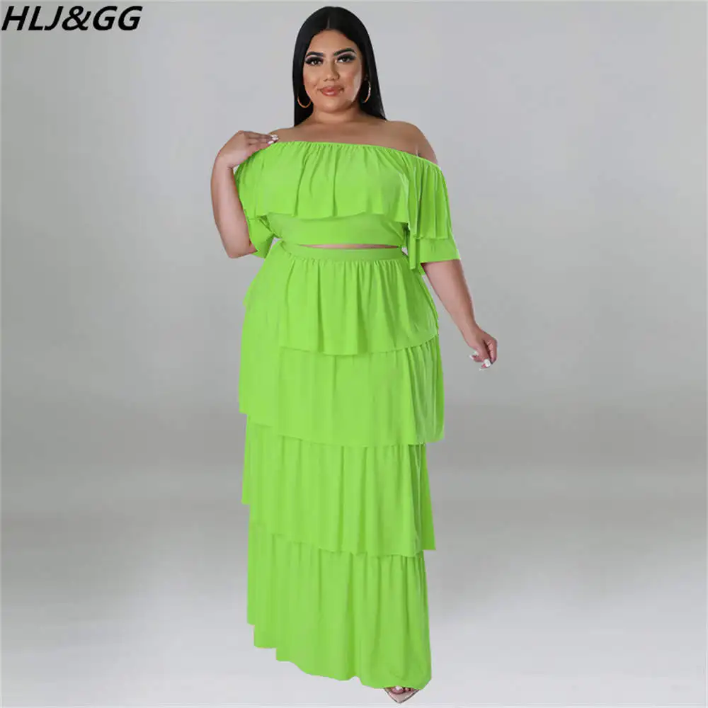 HLJ&GG Sexy Off Shoulder Ruffles Two Piece Sets Plus Size Women Clothing XL-5XL Casual Short Sleeve Crop Top And Skirts Outfits
