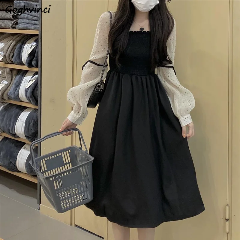 

Long Sleeve Dress Women Square Collar Dot Patchwork Elegant Mid-calf Casual Fashion Autumn Popular Female Streetwear Ins