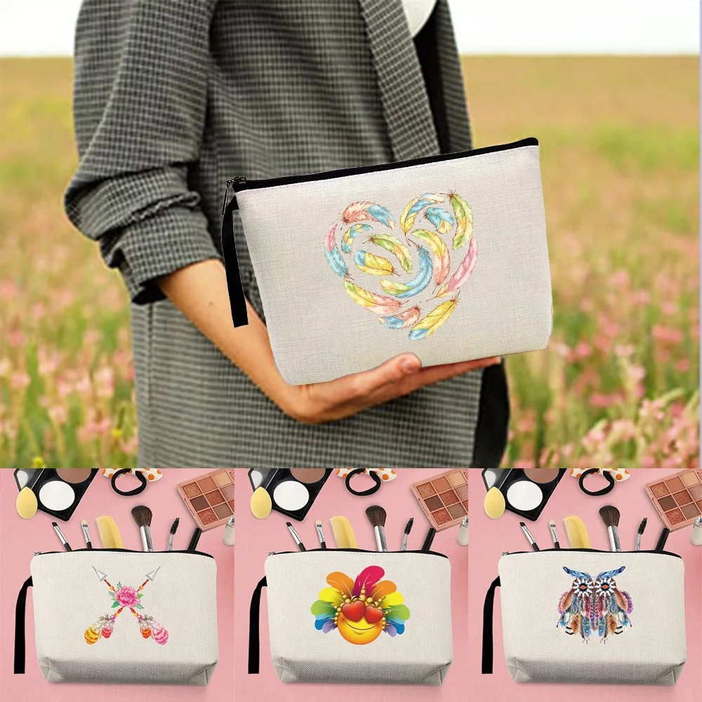 

Cosmetic Case Lady Makeup Bag Toiletry Organizer Pouch Feather Pattern Purse Wedding Party Wash Clutch Bag Zipper Pencil Pouch