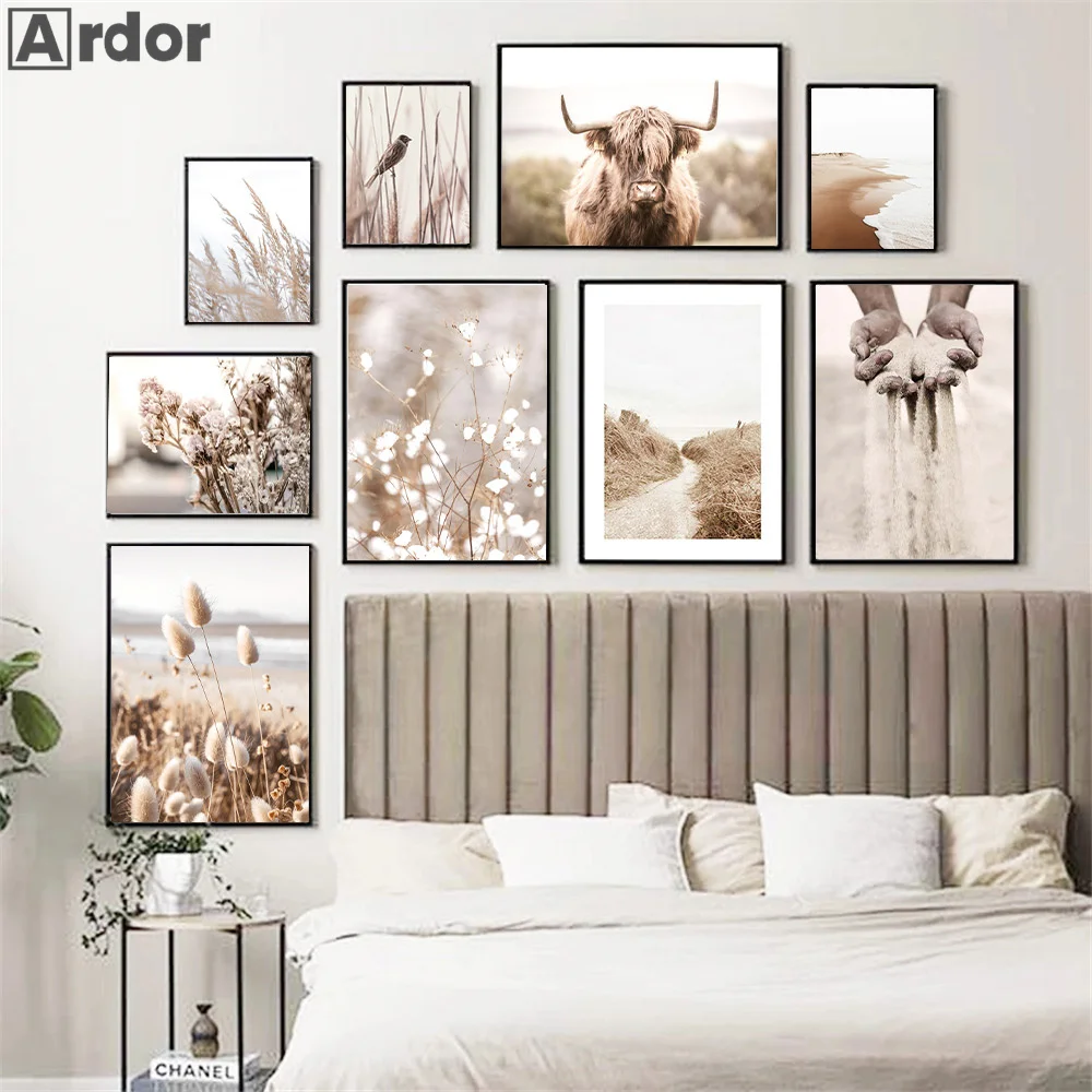 

Beach Reed Flower Grass Poster Bird Cow Natural Landscape Painting Hand Sand Canvas Print Nordic Wall Pictures Living Room Decor
