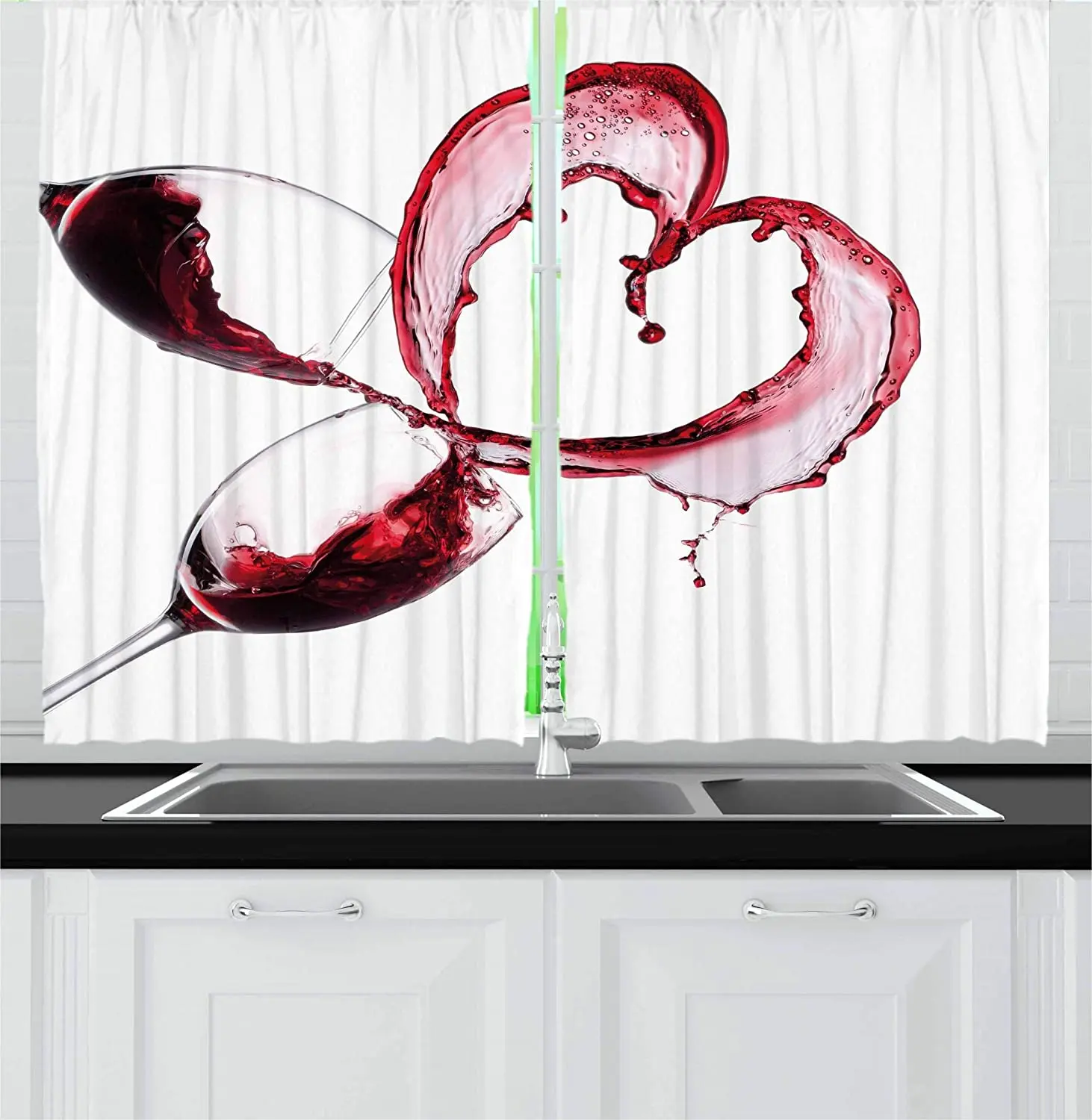 

Wine Blackout Curtains Sprinkle Red Wine Hearts In Glasses Romantic Love Kitchen Cafe Curtains