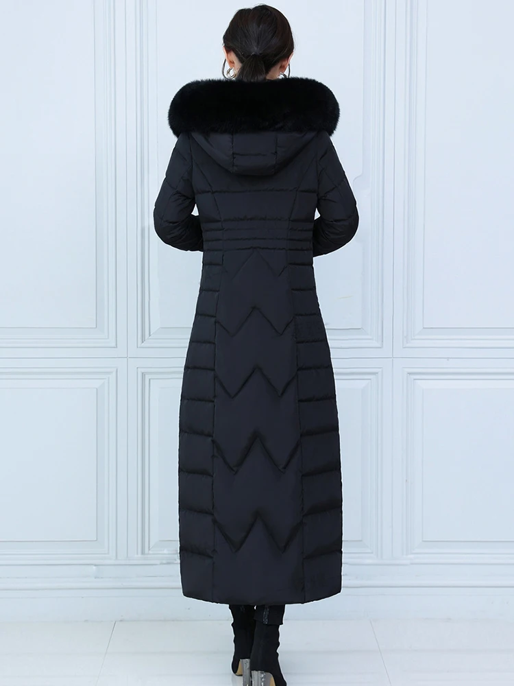 New Women Lengthened Down Jacket Winter Coat Fashion Real Fox Fur Collar Thicken Warm Down Coat Slim Long Hooded Overcoat Female