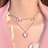 korean trendy pink opal heart necklace for women clavicle chain sweet pendant necklaces choker party jewelry gift collier femme