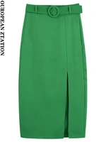 pailete women 2022 fashion with belt front slit green midi pencil skirt vintage high waist back zipper female skirts mujer