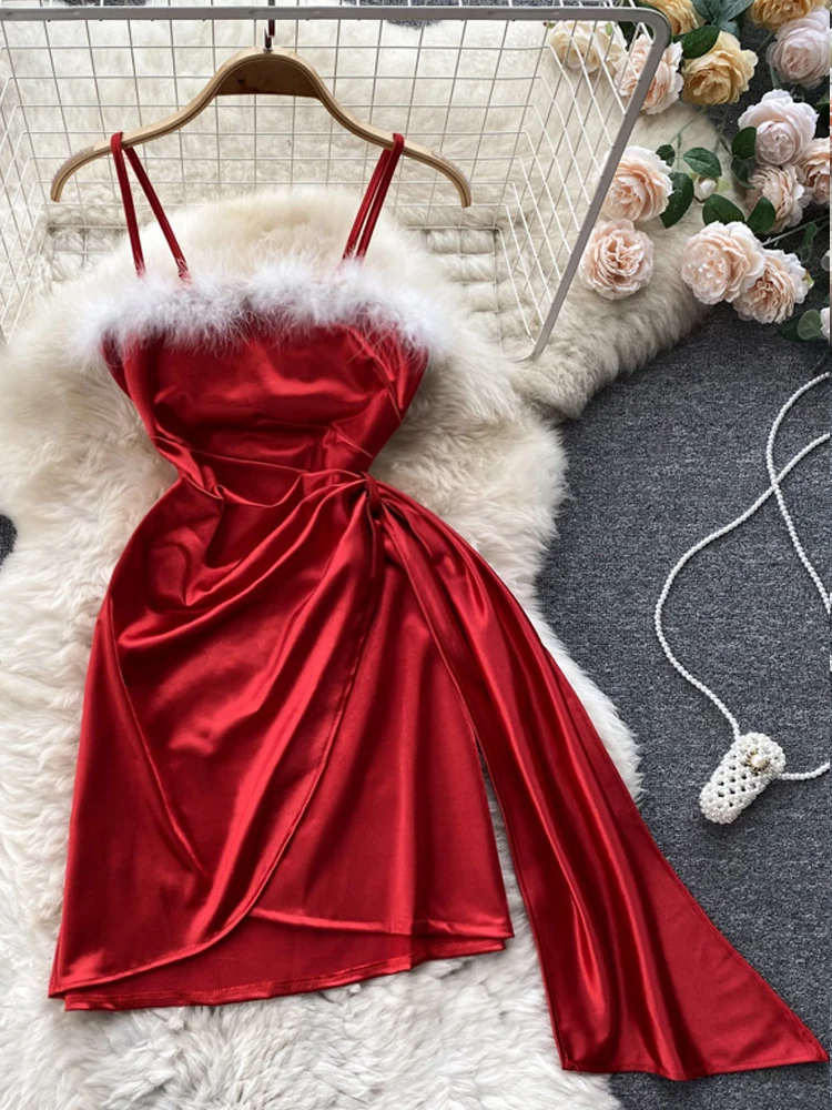 

YuooMuoo шикарное модное женское черное мини-платье принцессы рождественское красное Y2K Сексуальное Лоскутное Платье с мехом на бретелях облег...