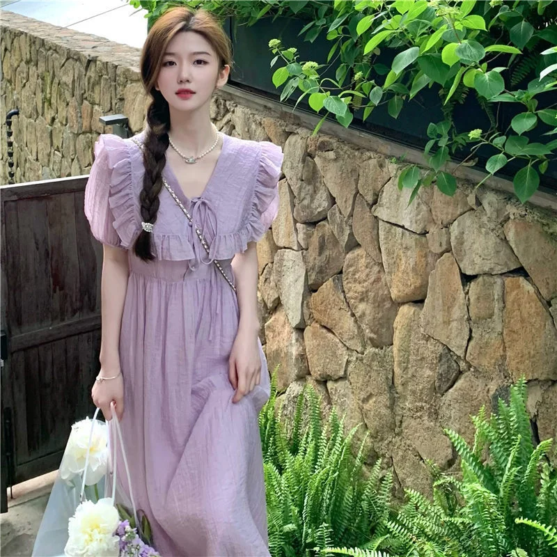 

Summer Dress, 2022 Korean Version Of The Preppy Youthful, Lively Purple Dress