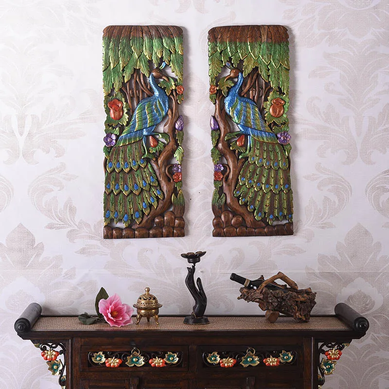 

Southeast Asia Home Hallway 90cm Gorgeous Peacock Teak Embossed Pendant Wall Carving Board