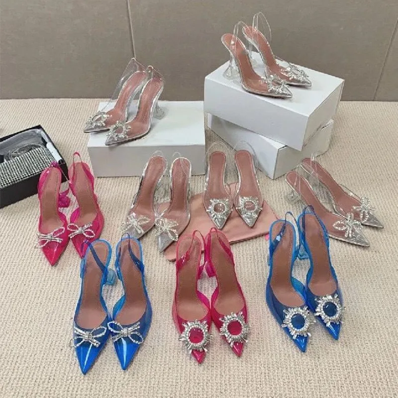 2023 Summer New Diamond Bow Women's Sandals PVC Transparent Rubber Pointed Hollow High Heel Sandals