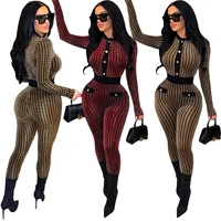 ladies jumpsuit spring autumn womens sexy button houndstooth gold thread jacquard long sleeve slim jumpsuit women