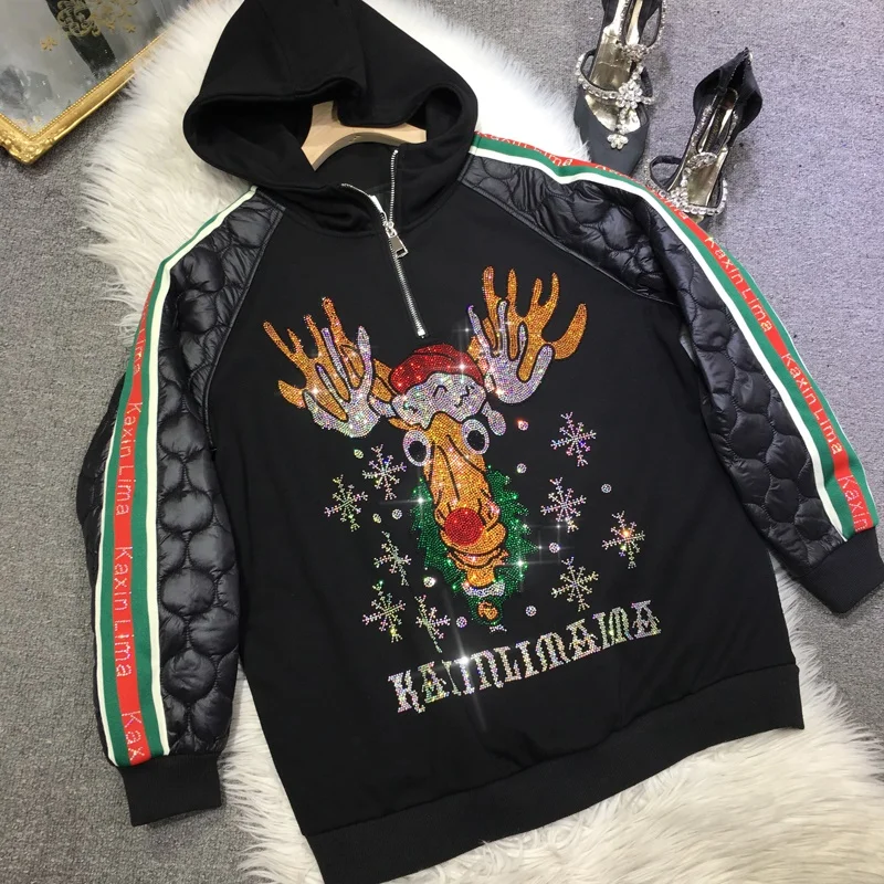 New Autumn Winter Thicken Quilted Wadded Coat Cute Christmas Deer Hot Drilling Black Sweatshirt Hooded Pullover Top Streetwear
