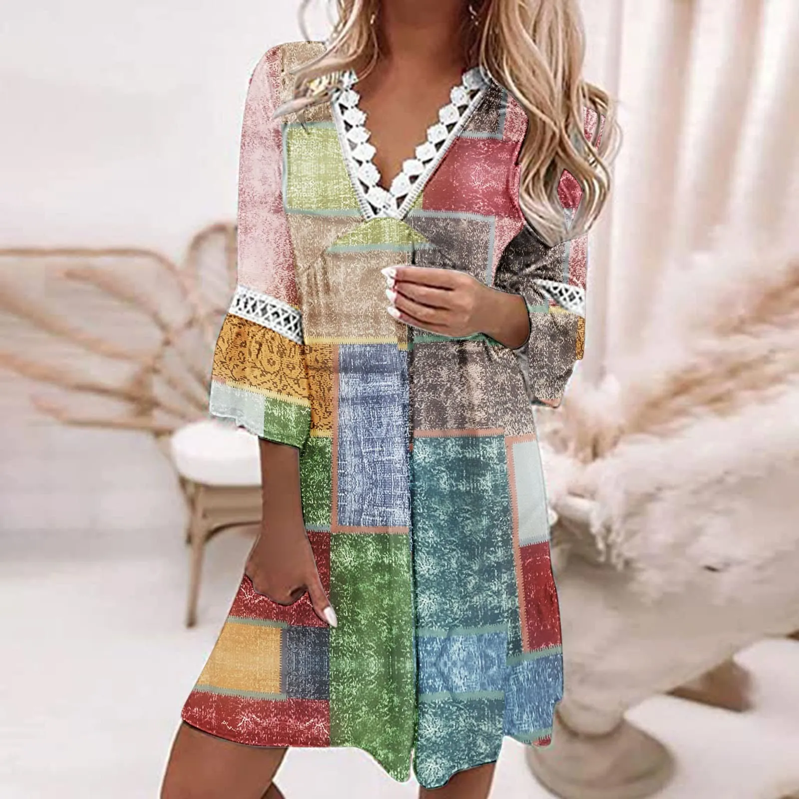 

Fashion Women V-neck Dress Lace Patchwork Bohemian Casual Resort Dress Summer Dresses For Women 2022 Luxury Vestidos Elegantes