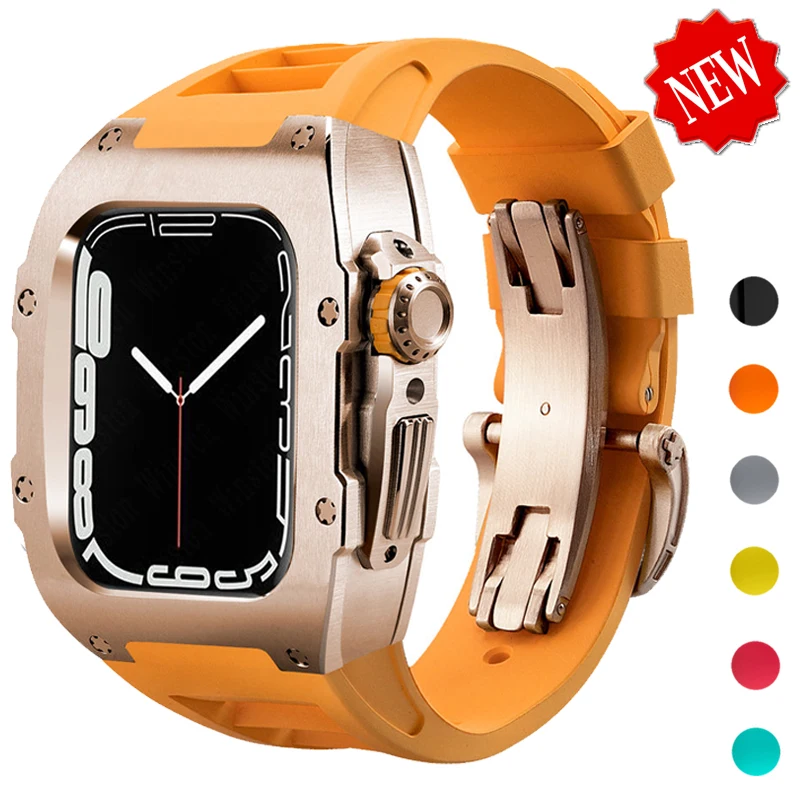 

Stainless Steel Case Fluorine Rubber Strap for IWatch 8 Series 44MM 45MM Metal Modification Kit for Apple Watch 8 Band 7 6 5 SE