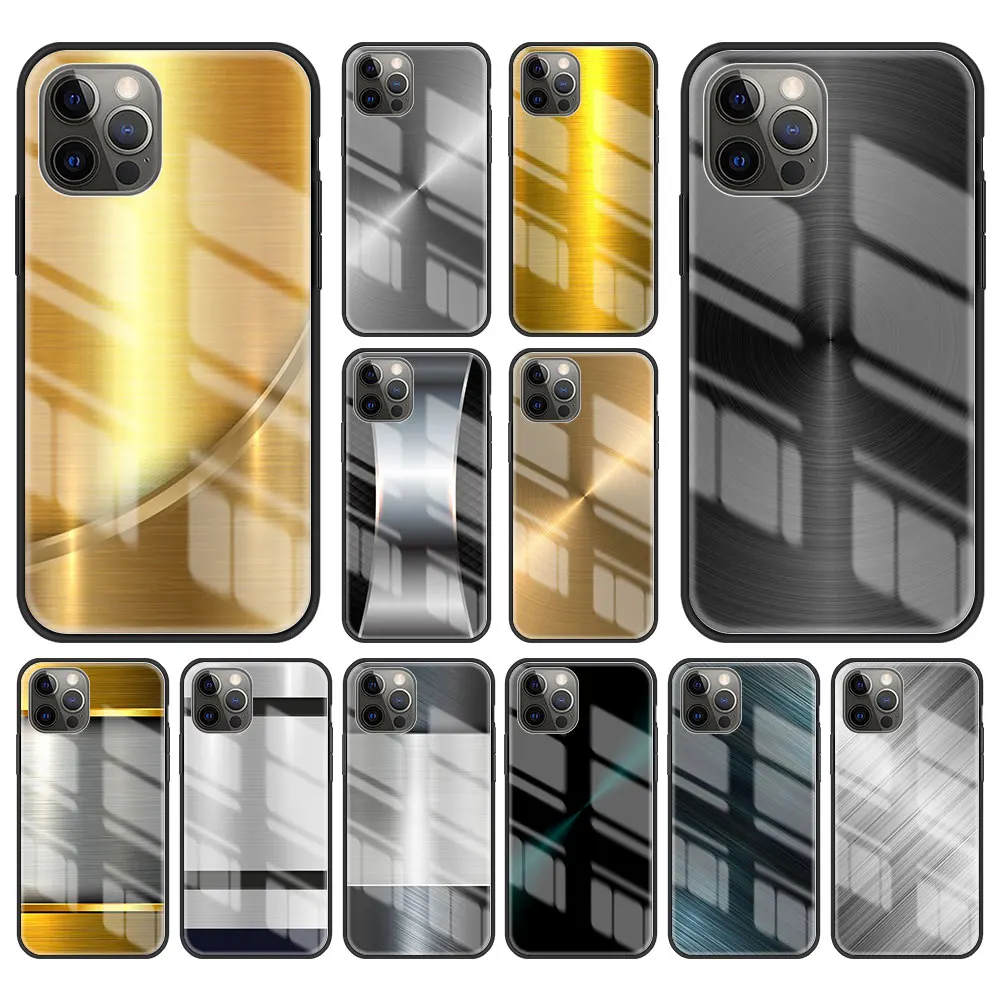 

Dark Brushed Metal Texture Glass Case For iPhone 11 12 13 Pro XS Max 13Mini X XR Hard Case For iPhone 7 8 Plus SE2 Fundas