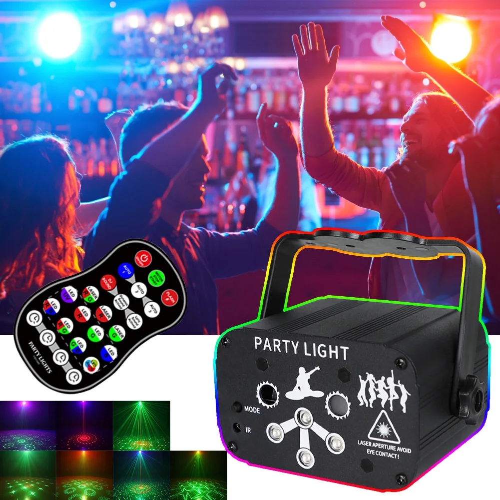 

64 Patterns Mini Laser Light Projector Party Disco Stage Light Remote Control Sound Strobe Lamp For Home Bar Wedding Party Decor