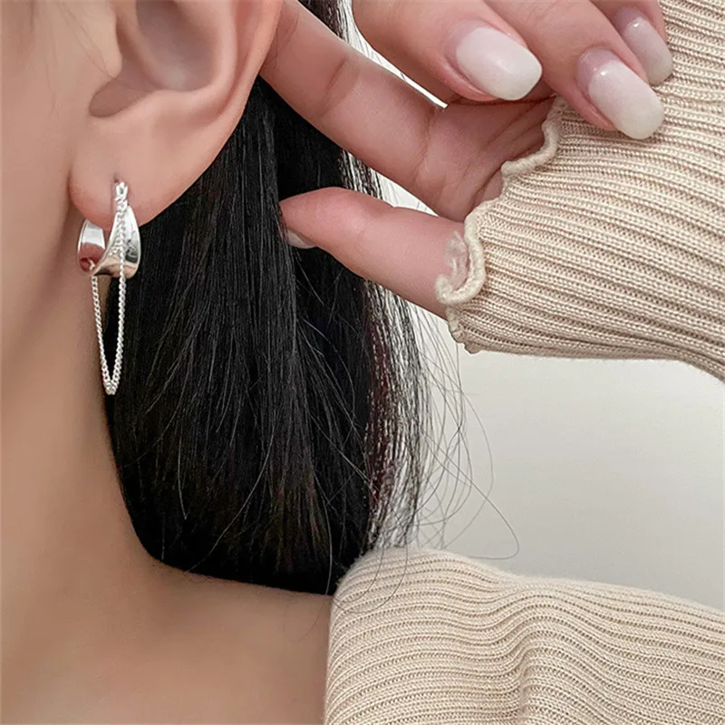 

Серьги-кольца женские из серебра 925 пробы с длинной цепочкой