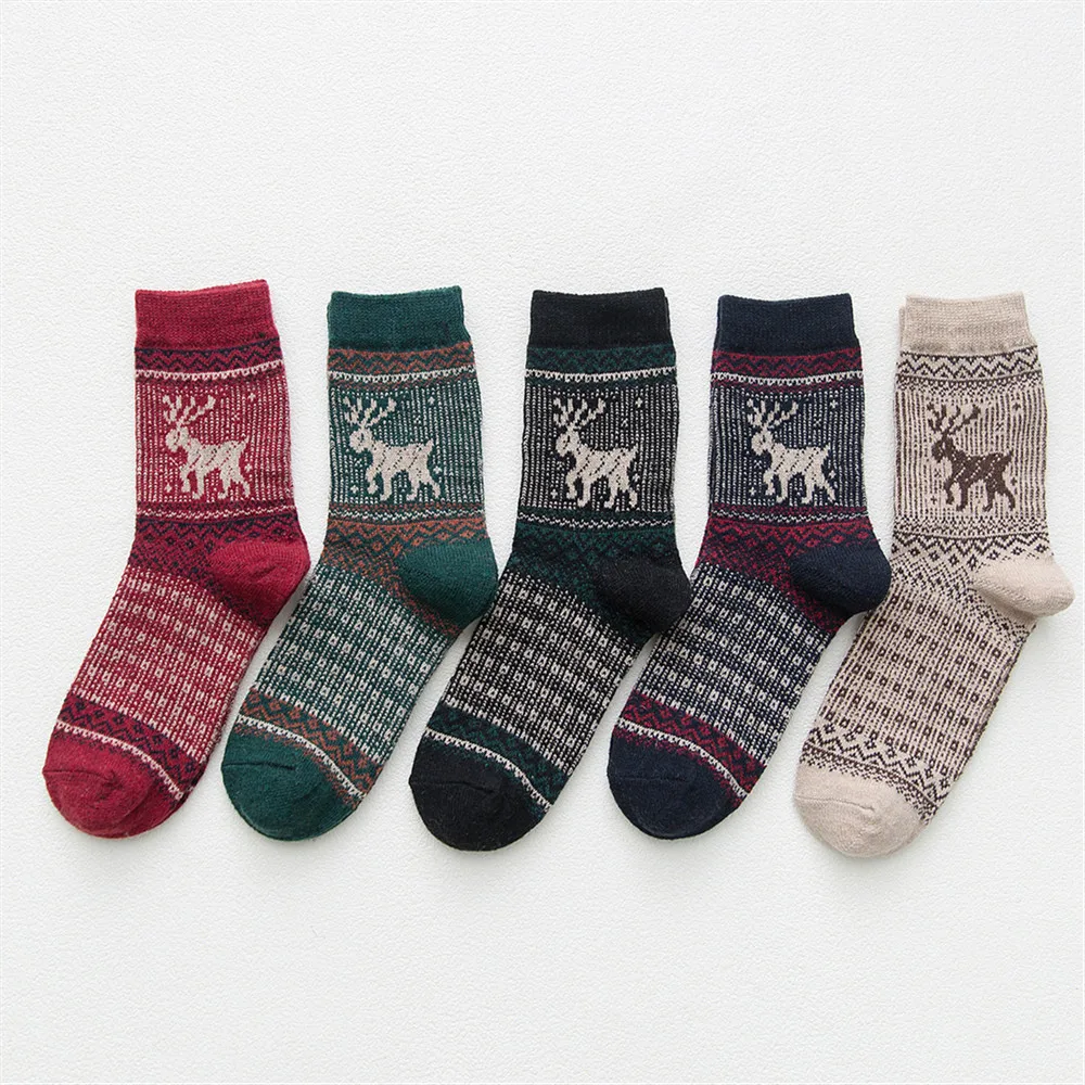 5 Pairs Winter Warm Thicken Thermal Soft Casual Women Wool Socks Cashmere Home Snow Christmas Elk Women Socks