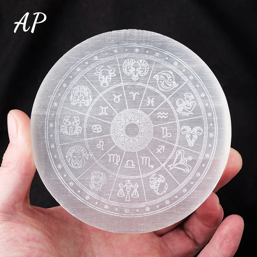 

1PC Natural White Selenite Disc Hand Carved Healing Reiki Stones Crystal Gypsum Quartz Engraving Symbols Crystal Decoration