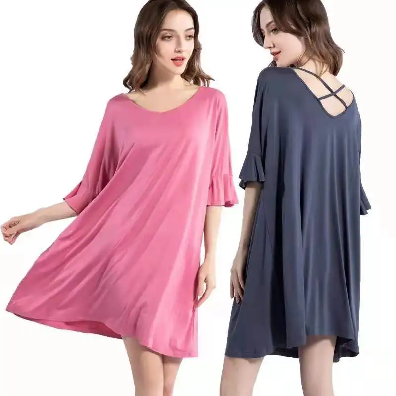 

Nightgown Women Summer Nightdress Home Dress Thin Modal Outdoor Casual Fashion Beautiful Back Trumpet Sleeve Sleepwear Sleeping