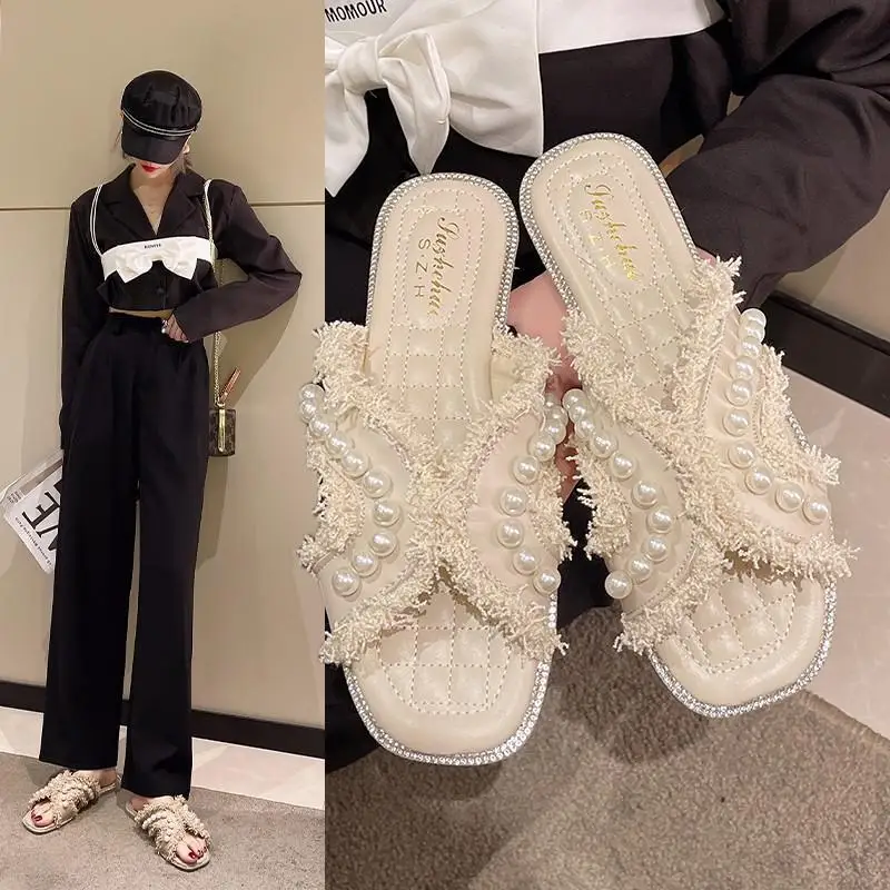 

Fashion Women's Summer Slippers 2022 Pearl Flat Slippers Open Toe Resort Shoes Outdoor Beaded Sandals Sweet Style Women's