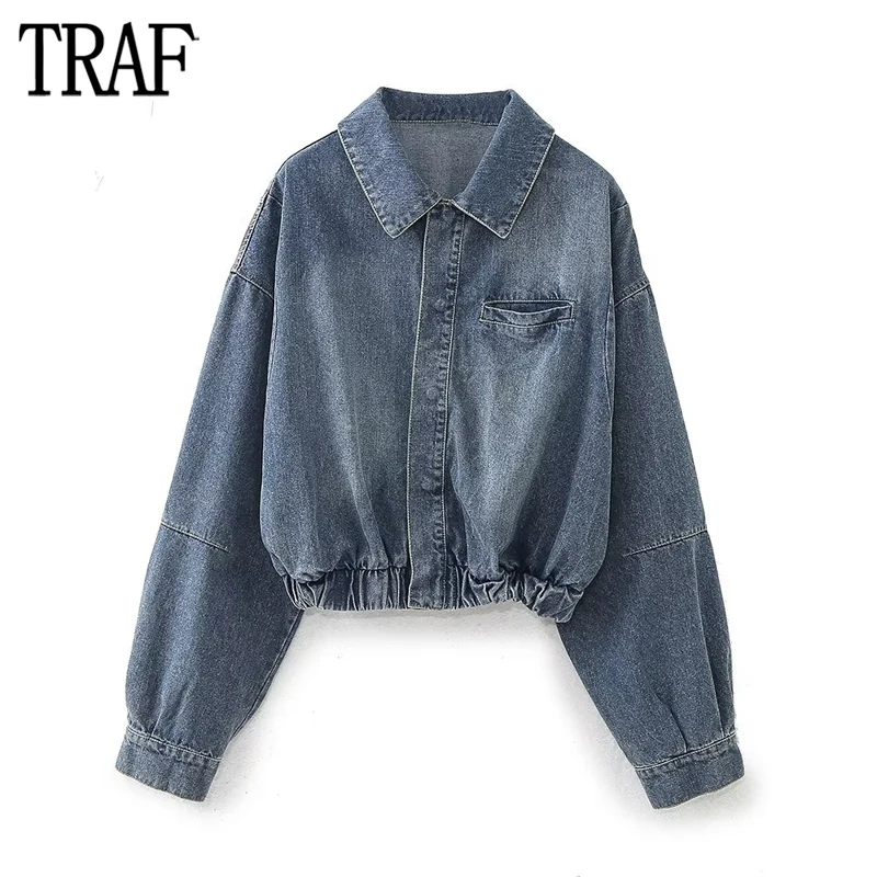 

TRAF Denim Bomber Jacket Women Blue Cropped Blazer Woman Long Sleeve Oversize Blazer for Women Ribbed Snap Button Women's Blazer