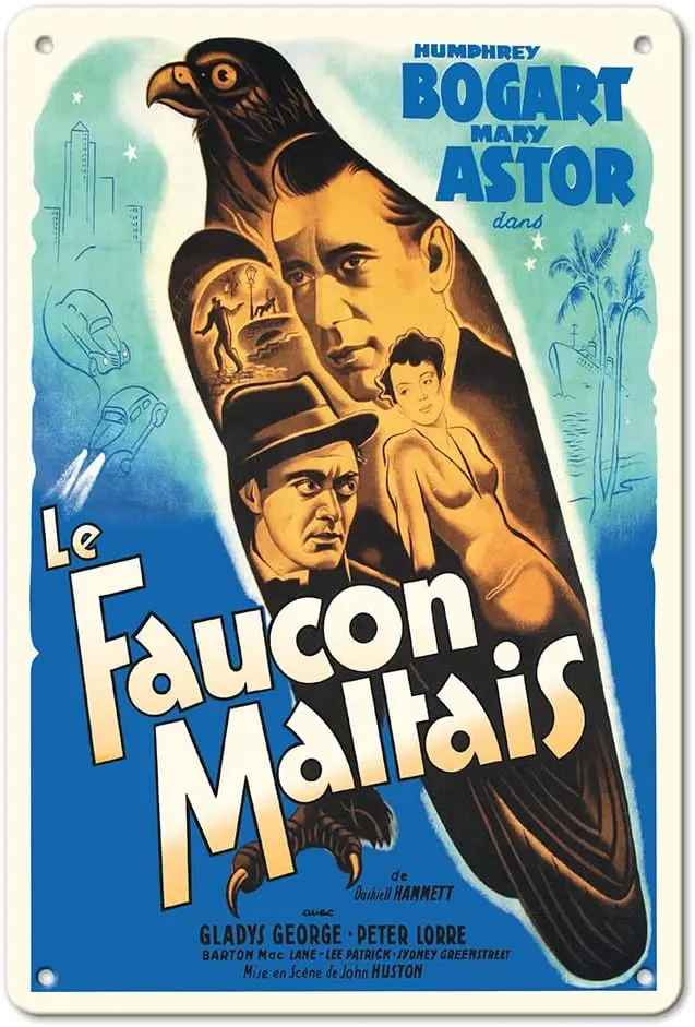 Mltese Flcon (Le Fucon Mlts) Strrng Humphrey Bogrt - Плакат Vntge French Move c.1941-8 x 12 nch Metl Tn Sgn