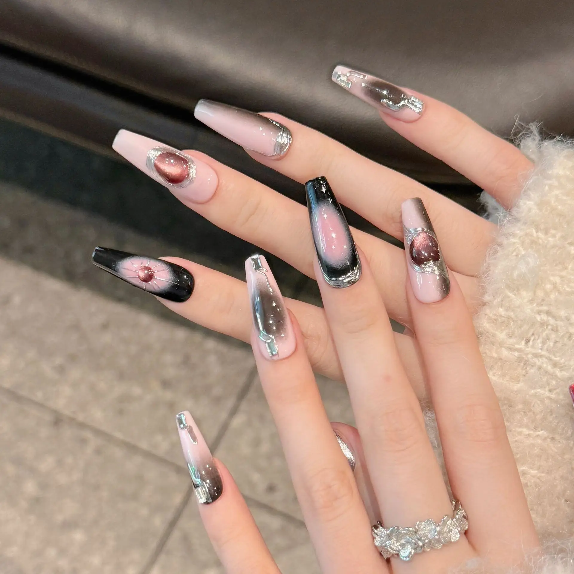 Spice Y2K Розовый Черный Румянец Накладные Ногти Ручной Работы Длинный Балетный