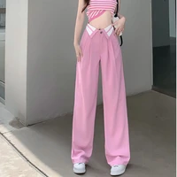 mingliusili pink high waist wide leg pants for women casual all match korean fashion 2022 autumn new oversize solid color pants