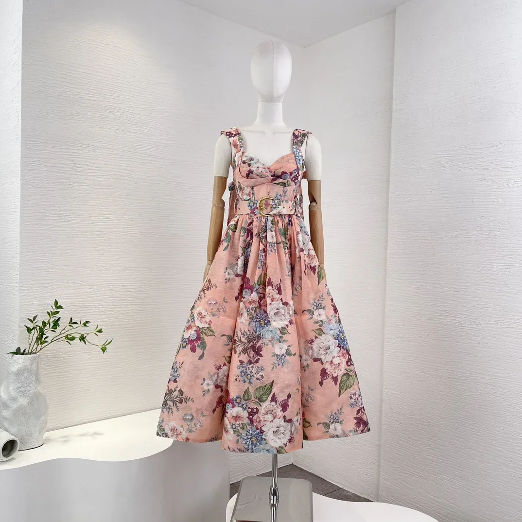 

New Fashion Collection White Floral Print Sweet Vintage Midi Dress 2023 Shirred Sleeveless Lace-up Silk Linen Women Clothing
