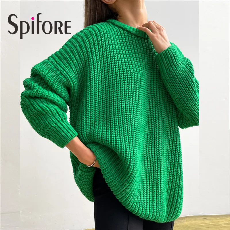 

Зимние теплые свободные женские свитера Spifore, Модные Повседневные вязаные осенние топы с круглым вырезом и длинным рукавом, Новые однотонны...