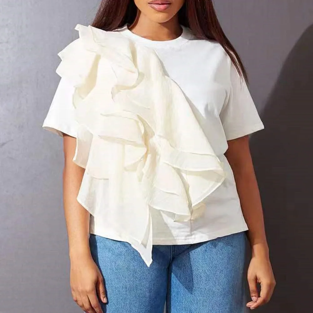 

Women Fashion T-Shirt Western Style Floral Patchwork Round Neck Pullover Short Sleeve Loose Spring Summer Leisure Women T-shirt