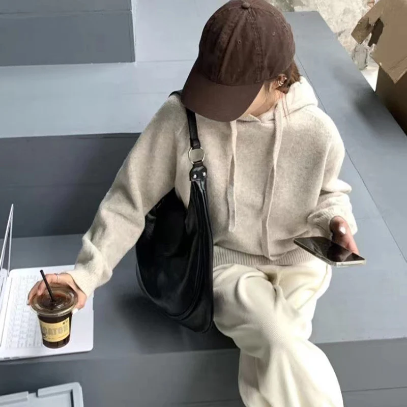 

Hong Kong Style Hooded Pullover Sweater Soft Solid Color Versatile Sweater Thickened Sweater
