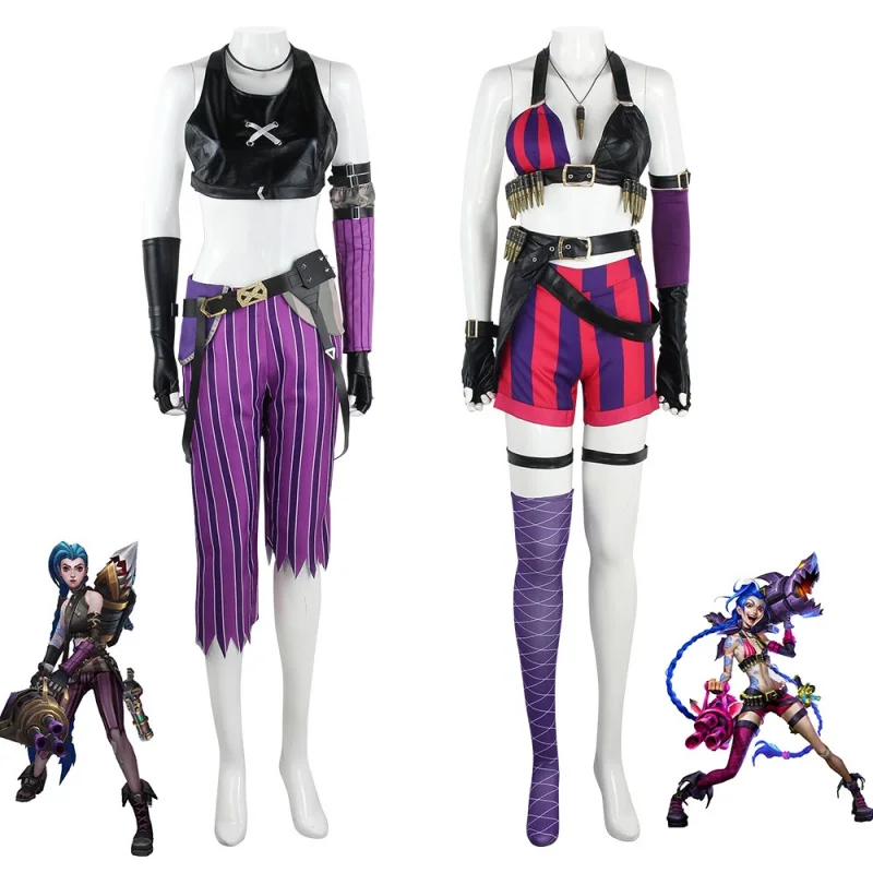 LoL Jinx Cosplay Costume LoL Arcane Jinx Cosplay Uniform Outfits Halloween Carnival Suit Women Sexy Party Tops Pants Wis Sets