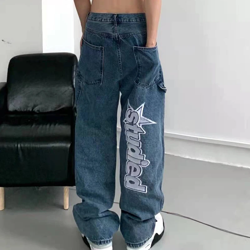 Mens and Women Straight Harajuku Oversize Streetwear Denim Trousers Unisex Retro Pockets Letter Embroidery Ripped Casual Jeans