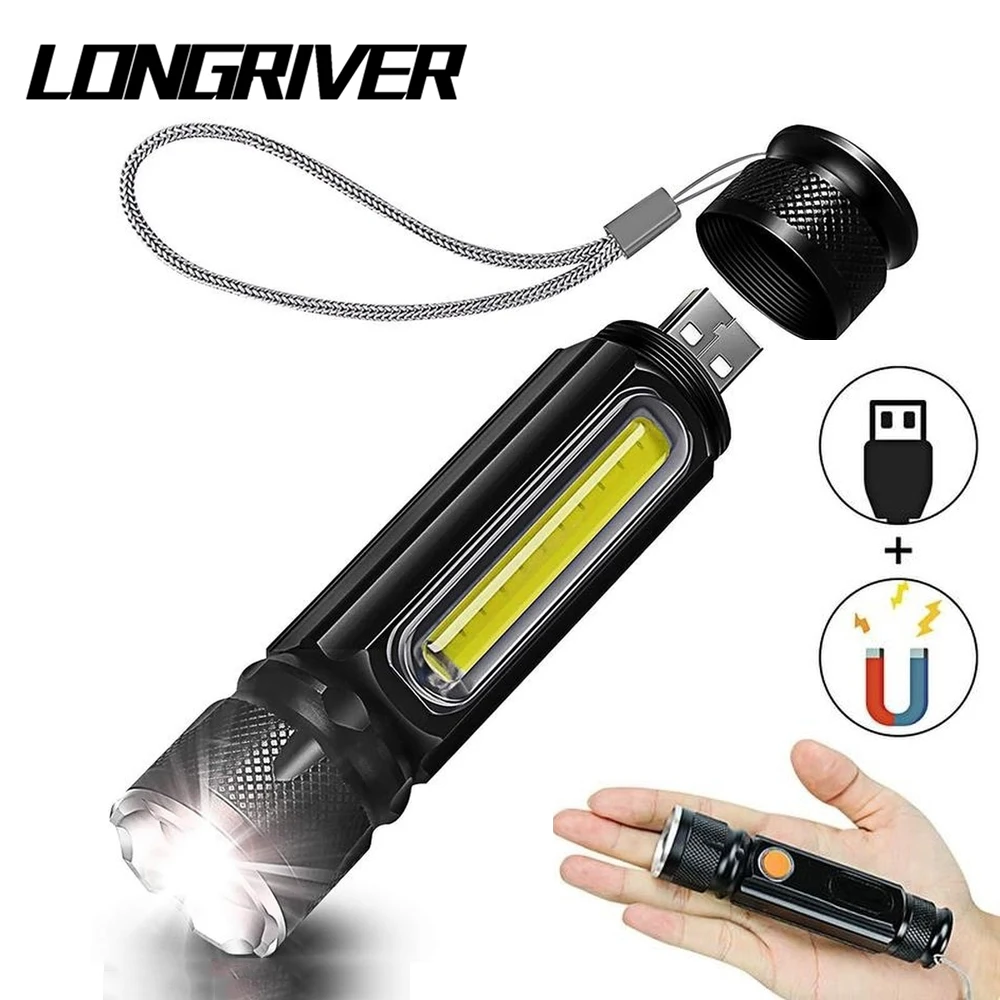 

LED Flashlight USB Rechargeable T6 COB Torch Built-in Battery Zoom 5 Modes Flash Light Magnetic Attraction Waterproof Outdoor
