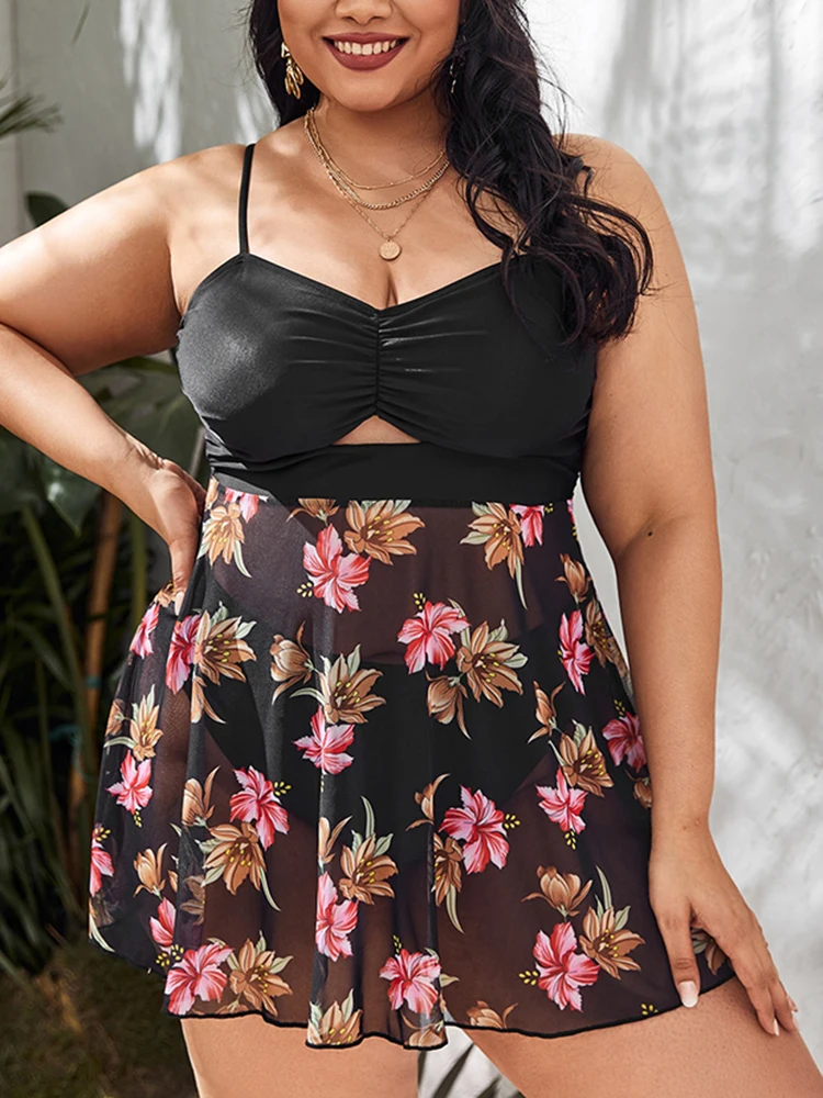 

Plus Size Laced Bandeau Push Up Mesh Swimdress Two Piece Large Size Swimsuit With Skirt 2022 Big Size Bathing Suit Beachwear