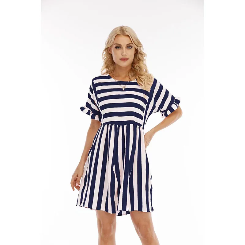 

2023 Summer Fashion O Neck Stripe Print Women's Sexy Mini Dress Casual Loose Solid Short Sleeve Ruffle Patchwork Ladies Dresses