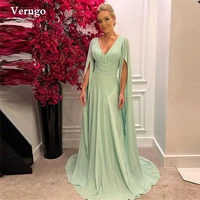 verngo sage green chiffon long prom dresses long sleeves train v neck women formal evening gowns simple 2022 robe de soiree