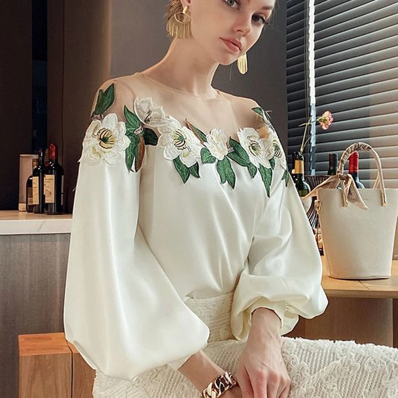 

Elegant Embroidered Women Satin Blouse Tops Spring Mesh Patchwork Shirt Woman High Quality Lantern Sleeve Slik Blouses New 24976