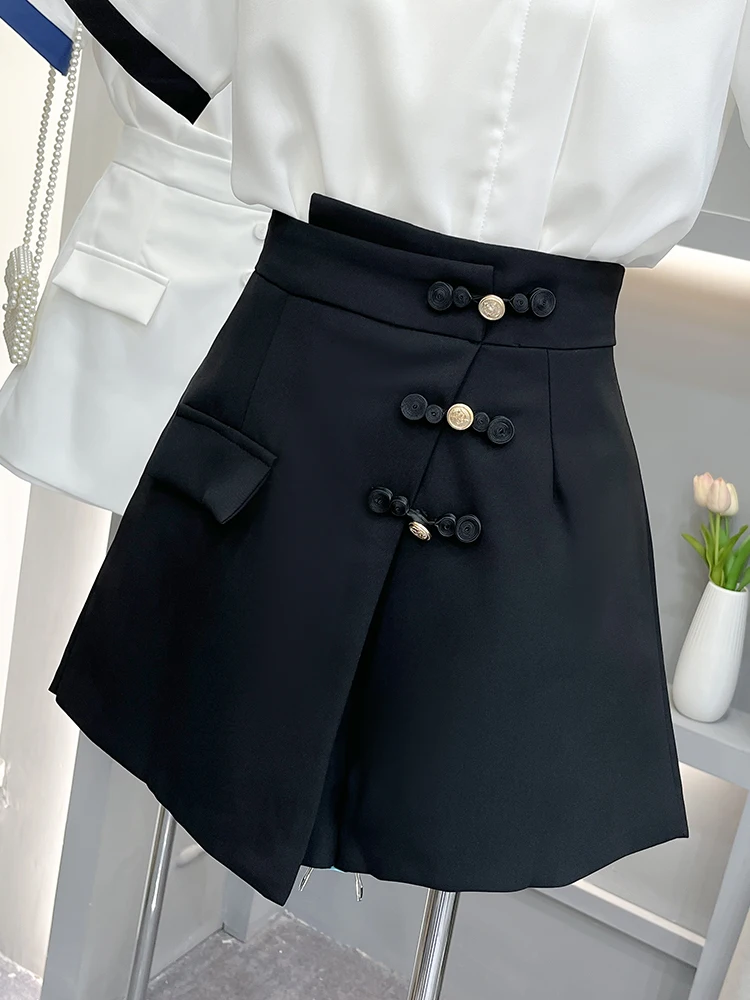 2023 Summer Retro Button Shorts Women High Waist Wide Leg