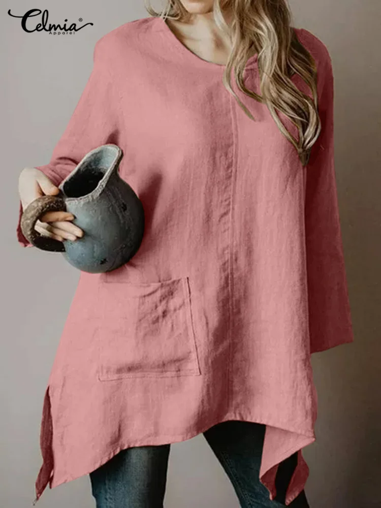 

Женские блузки с длинным рукавом Celmia, повседневная свободная туника, модная рубашка из хлопка и льна с круглым вырезом, весенние топы с асим...
