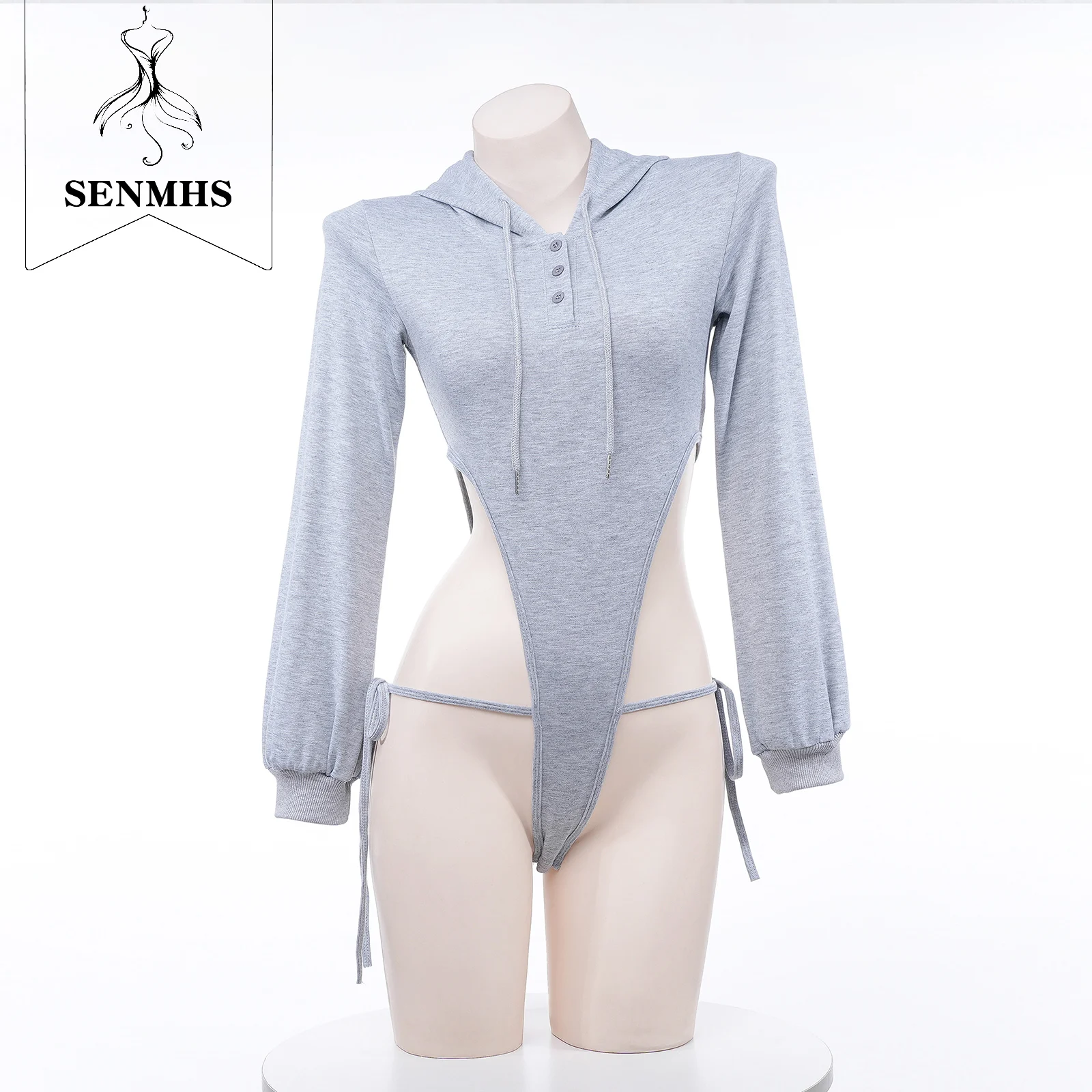 

Костюм женского нижнего белья SENMHS в стиле аниме, серого цвета, пижама с длинным рукавом и высокой талией, пикантный комбинезон с открытой промежностью для косплея