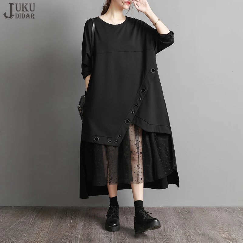 

Однотонное черное Сетчатое Повседневное платье с длинным рукавом JJXD041, женское платье в японском стиле, свободное праздничное платье больш...