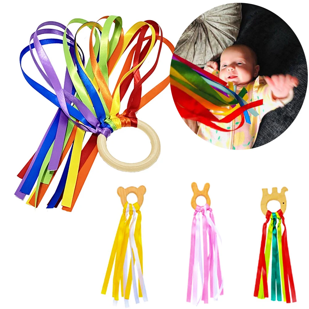 

Rainbow Hand Ribbon Kite Jingle Bells Wind Wand Dance Streamer Cloud Wood Montessori Sensory Educational Develop Recognition Toy